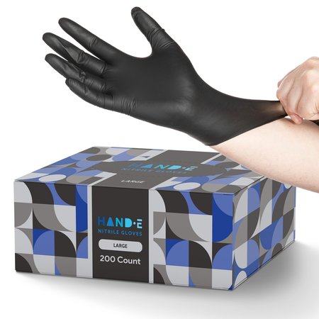 Hand-E Nitrile Disposable Gloves, 3 mil Palm, Nitrile, Powder-Free, L, 200 PK, Black HND-82708